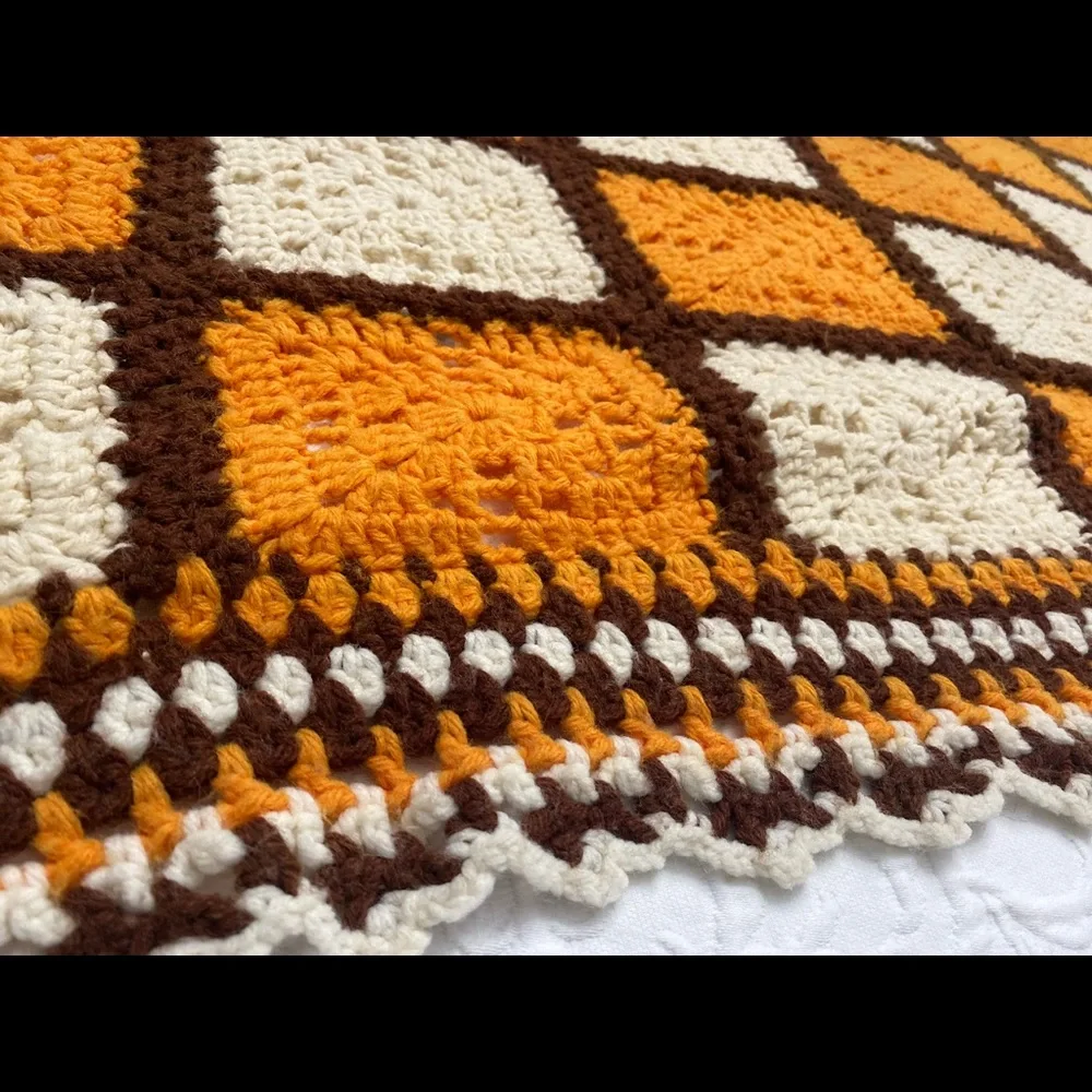 Handmade Orange and Cream Crochet Granny Square Throw - Brand